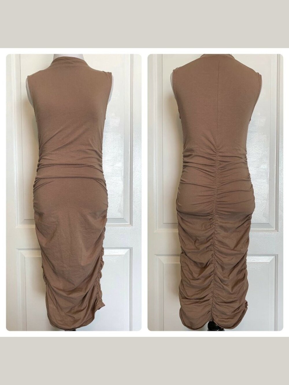 HERS & MINE Boutique Khaki Mock Neck Fitted Bodycon Stretch Ruched Midi Dress M